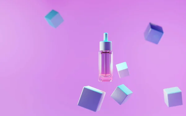 Bouteille cosmétique en verre compte-gouttes sur le podium avec des cubes volants sur fond rose maquette bannière. Huile essentielle ou sérum avec pipette sur scène carrée géométrique, publicité produit au néon, illustration 3d — Photo