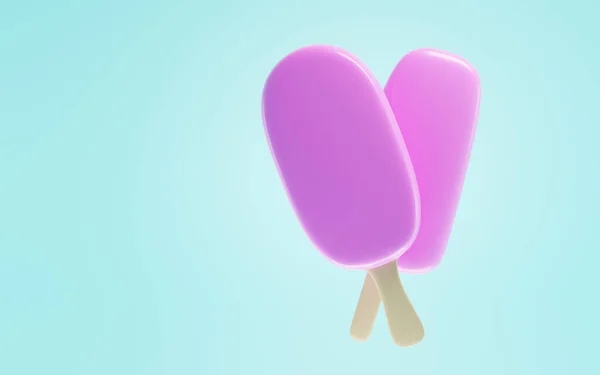 Zwei rosa Eis am Stiel auf Holzstab isoliert auf blauem Hintergrund. Eiscreme mit fruchtigem Zuckerguss in Wassermelonen-, Erdbeer- oder Granatapfelaromen, sommerkaltes Dessert. Realistische 3D-Illustration — Stockfoto
