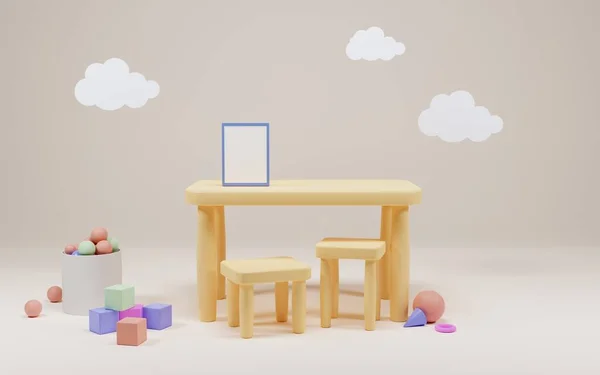 유치원이나 유치원 놀이 교실 내부. 아이들은 포스터가 놓인 식탁에 앉아 게임 과 교육을 위한 의자를 가지고 있습니다. 카툰 3d 는 구름 과 장난감 큐브가 있는 아이 방, 공 이달린 마른 수 영장을 묘사 합니다. — 스톡 사진