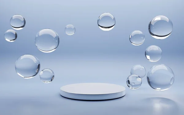 Mavi su yüzeyinde hava kabarcıkları olan beyaz yuvarlak podyum. Boş geometrik sahneyi, sabun küreleri olan platformu ya da ürün reklamı için su damlalarını taklit et. Gerçekçi 3d illüstrasyon
