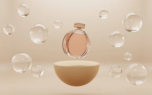 Altın kürsüde sabun köpüklü parfüm şişesi pankartı, soyut geometrik sahnede güzellik bakım kozmetik tüpü, galeri platformunda ürün reklamı. Gerçekçi 3d illüstrasyon — Stok fotoğraf