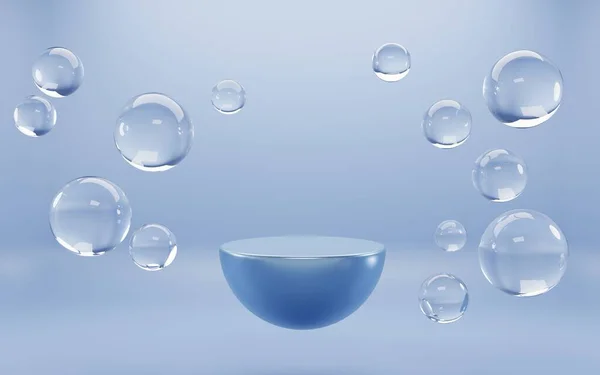 Mavi su arka planında hava kabarcıkları olan podyum. Soyut geometrik yarımküre sahnesini, sıvı toplarla boş platformu ya da ürün için su altı gerçekçiliğini gösteren 3d gösterimini düzenle