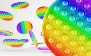 Bir sürü anti-stres renkli oyuncaklar beyaz arka planda patlıyor. Basit bir duyusal çukur oyuncağı, çocukları geliştirmek için oyun iyi motor beceriler, işaret parmaklar, stres giderici yumuşak, 3D illüstrasyon