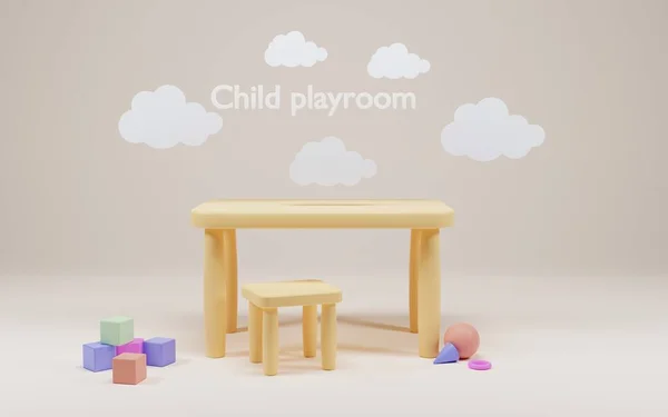 재미있는 놀이나 교육을 위한 탁자, 의자 및 바구니 장난감 이 있는 어린이 놀이방. 현대 내부 아이들의 방은 파스텔 베이지의 배경이다. 초등 학교나 유치원에 구름 이 있는 카툰 3d 삽화 — 스톡 사진