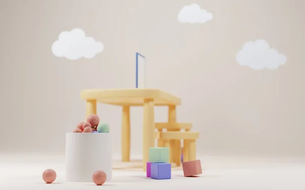 Cesta con bolas, pirámide de cubos en la sala de juegos de los niños en la mesa de fondo con la maqueta de póster, sillas. Habitación infantil interior moderna para juegos divertidos o educación, vista lateral. Dibujos animados 3d ilustración con nubes — Foto de Stock