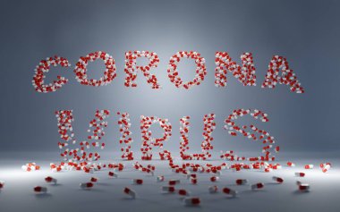 Kelime CORONAVIRUS, mavi arka planda beyaz ve kırmızı kapsüllerden gelen mektuplar, 3D hapların düşmesi, covid-19 virüsü, aşı, uyuşturucu kavramı. İlaç ürünleri, antiviral ilaçlar.