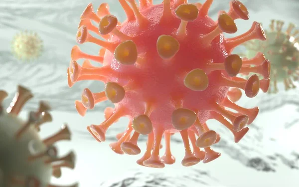 Coronavirus COVID-19 bacterias rojas o células patógenas del sarro. Banner médico de investigación o prevención de pandemias con imágenes microscópicas de enfermedades. Virus flotante sobre fondo líquido. Ilustración realista 3d — Foto de Stock