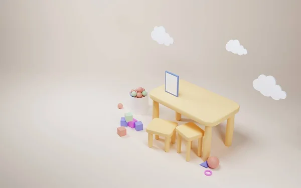 Sala de juegos del jardín de infantes Montessori o aula de la escuela primaria con mesa para niños, sillas, póster en blanco de maqueta y nubes. Dibujos animados 3d ilustración habitación de los niños con juguetes, bolas y cubos, vista superior — Foto de Stock