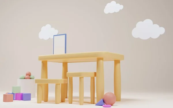 Jardín de infancia o preescolar interior de la sala de juegos. Mesa infantil con póster maqueta y sillas para el juego y la educación. Dibujos animados 3d ilustración habitación infantil con nubes y cubos de juguete, piscina seca con bolas — Foto de Stock