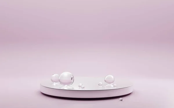 Su damlalı boş podyum ya da izole edilmiş pembe arka planda hava kabarcıkları. Soyut geometrik sahne, ürün reklamı sunumu için sabun küreleriyle donatılmış platform. Gerçekçi 3d illüstrasyon