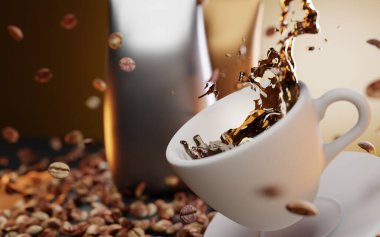 Beyaz bardakta çay tabağı ve akarsu damlaları, damlalar. Uçan fasulyeler ve boş folyo torbaları arka planda, afiş gibi. Kafe reklamı, ambalaj ve menü tasarımı için gerçekçi 3d illüstrasyon