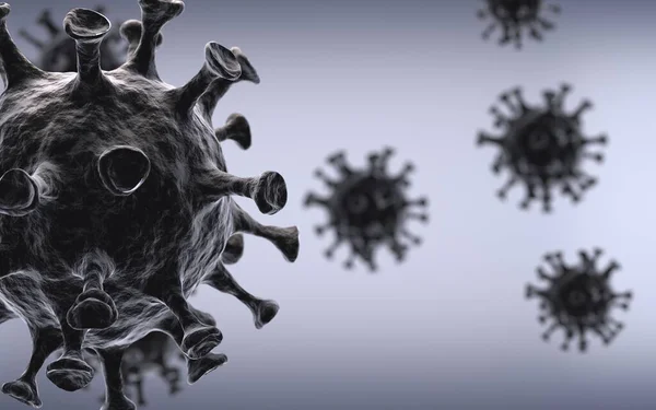 Coronavirus COVID-19 bacterias negras o células patógenas del sarro. Banner médico de investigación o prevención pandémica con imagen microscópica de la enfermedad. Virus sobre fondo oscuro aislado. Ilustración realista 3d —  Fotos de Stock