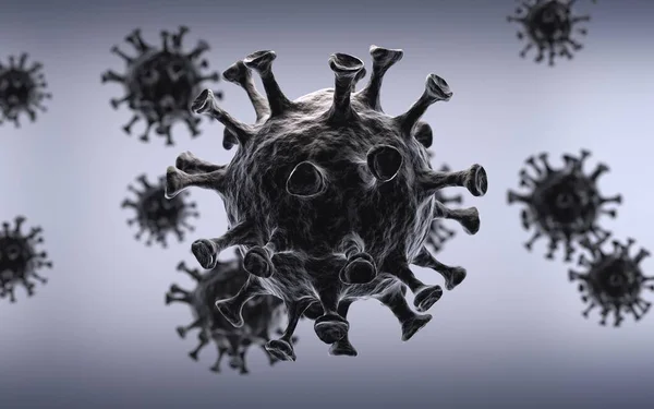 Coronavirus COVID-19 bacterias negras o células patógenas del sarro. Banner médico de investigación o prevención pandémica con imagen microscópica de la enfermedad. Virus sobre fondo oscuro aislado. Ilustración realista 3d — Foto de Stock