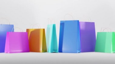 Kağıt alışveriş torbaları, renkli hediye paketleri ve sapları. Taşımak için boş dikdörtgen ve kare paketler, markalaşma ve kurumsal kimlik tasarımı için mevcut paketler. Gerçekçi 3D animasyon