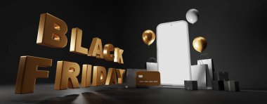 Kara Cuma indirimli web pankartı, özel fiyat. Altın kredi kartı, balonlar, hediye çantaları ve koyu arkaplanda kutularla çevrimiçi alışveriş için beyaz, boş akıllı telefon ekranı. Gerçekçi 3d illüstrasyon
