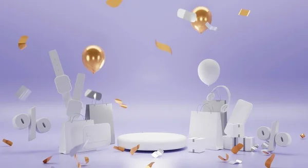 Podium, plate-forme vide pour la présentation de produits ou vente à prix réduit. Scène avec sacs cadeaux, boîtes, smartphone, casque, montre, carte de crédit, ballons dorés et confettis sur fond violet, bannière 3d — Photo