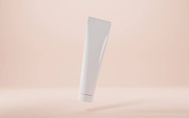 Beyaz boş tüp bej arkaplan model pankart yan görünümünde izole edildi. Krem veya jöle için boş plastik kap, diş macunu, tıbbi merhem, kozmetik güzellik ürün paketi gerçekçi 3D illüstrasyon