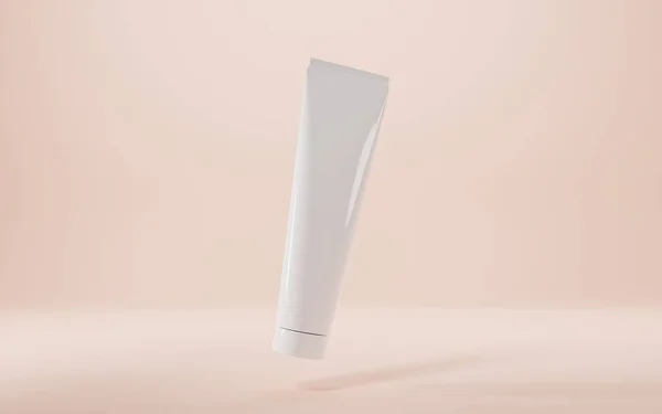 Beyaz boş tüp bej arkaplan model pankart yan görünümünde izole edildi. Krem veya jöle için boş plastik kap, diş macunu, tıbbi merhem, kozmetik güzellik ürün paketi gerçekçi 3D illüstrasyon