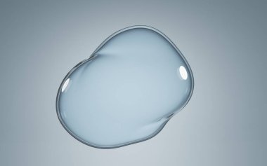 Su birikintisi mavi arka planda izole edilmiş. Temiz su damlası, çiğ ya da sıvı nokta, doku ıslak yüzey. Gerçekçi 3d İllüstrasyon, saf şeffaf su damlası soyut şekli