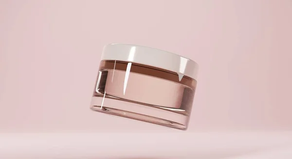 Pot cosmétique clair en verre pour la crème maquiller bannière. Cosmétique emballage de produits de beauté, récipient de maquillage de luxe avec capuchon blanc, conception de bouteille vide isolé sur fond beige. Illustration 3D réaliste — Photo