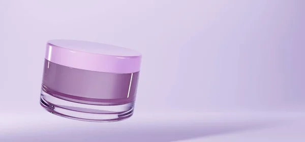 Glass cosmetics jar for cream mock up banner. Cosmetic beauty product package, luxury makeup container with pink cap, empty clean bottle design isolated on purple background. Realistic 3d illustration — Stock Photo, Image