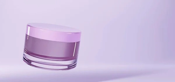 Pot cosmétique en verre pour crème maquiller bannière. Cosmétique emballage de produits de beauté, récipient de maquillage de luxe avec bouchon rose, conception de bouteille propre vide isolé sur fond violet. Illustration 3D réaliste — Photo