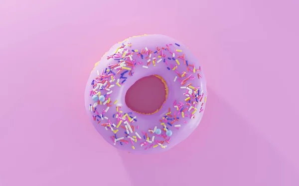Donut with raspberry glaze and colorful sprinkle isolated on pink background top view. Tasty strawberry doughnut with glossy sweet cream and powder, simple modern design, realistic 3d illustration — Photo