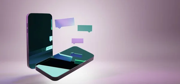 移动在线聊天,等距概念3D演示.空白屏幕上的两个智能手机在透视和角度视图与对话消息图标或文字泡沫隔离在紫色，霓虹灯背景 — 图库照片