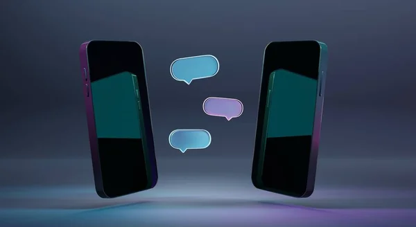 Chat bot or mobile chatting, isometric concept 3d illustration. Dialog sms icons or speech bubbles with screens of two smartphones facing each other, isolated on purple background with neon gradient