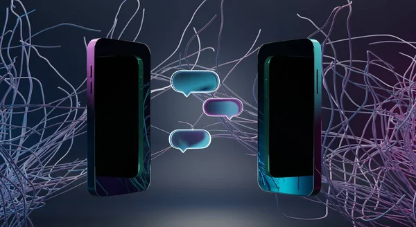 Mobile chat dialog, isometric concept 3d illustration. Messages text notification or speech bubbles with neon reflection on screens two smartphones facing each other on abstract futuristic background