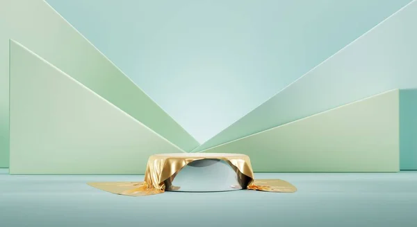 Podium covered gold silk fabric with drapery and folds on background abstract geometric wall. Blank round stage with satin cloth for display product luxury or award ceremony. Realistic 3d illustration