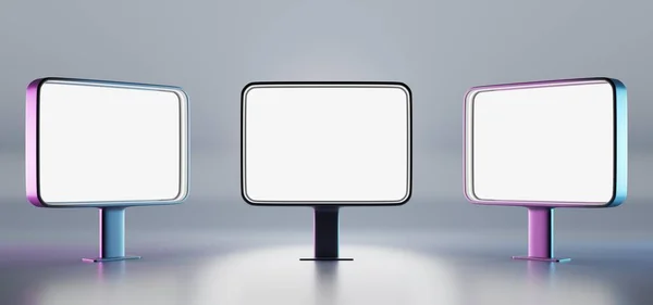 Prázdné billboardy, přední a boční pohled. Bílá LCD obrazovka, digitální monitor nebo stojan na reklamu. Horizontální obdélníkové transparenty v neonovém světle izolované na šedém pozadí, realistický 3D set — Stock fotografie