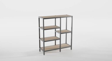 Bakış açısına göre metal tabanlı boş ahşap raf. İç mekan ya da apartman dairesi için modern tasarım. Beyaz arkaplanda izole edilmiş depolama için boş 3d rafları modelle