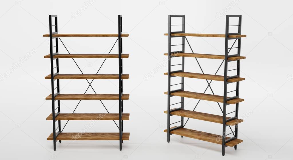 Wooden shelving with metal base, front and angle view. Empty rack in loft style for interior office or home, modern design. Mockup shelves for storage isolated on white background, 3d illustration