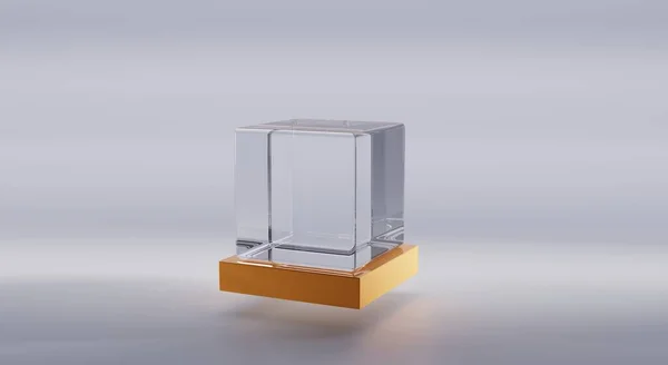 Скляний або пластиковий куб на геометричній золотій підставці в перспективі. Прозора квадратна коробка з акрилу або оргскла, кришталевий блок або акваріум на подіумі ізольовані на сірому фоні, 3d ілюстрація — стокове фото