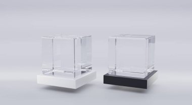 Beyaz ve siyah üzerine cam küpler perspektif açısında duruyor. Plastik podyumlarda akrilik, pleksiglass, model blok veya gri arkaplanda izole edilmiş akvaryum kutularını temizle, 3d illüstrasyon