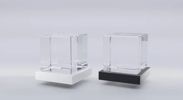 Cubos de vidrio en soporte blanco y negro en perspectiva ángulo de visión. Cajas cuadradas transparentes de acrílico, plexiglás sobre podios de plástico, bloque de maquetas o acuario aislado sobre fondo gris, ilustración 3d — Foto de Stock