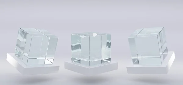 Farklı açılardan görünen cam ya da plastik küpler. Boş kare vitrin, sergi podyumu, kristal blok. Gri arkaplanda izole edilmiş görüntü için 3d akrilik veya pleksiglas kutusunun modeliName