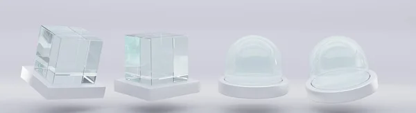 Скляний куб і сфера або купол на білій пластиковій основі, спереду і з кутом зору. Макет порожніх кристалічних контейнерів, квадратний блок і чистий різдвяний сніговий глобус ізольовані на сірому фоні. Реалістичний 3d набір — стокове фото