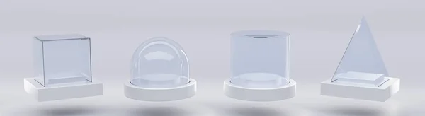 Glass cube box, pyramid, cylinder, sphere or dome on white stand isolated on grey background. Mockup empty clear showcases of plexiglass or acrylic for display on plastic podium. Realistic 3d set