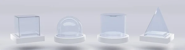 Glass cube box, pyramid, cylinder, sphere or dome on white stand isolated on grey background. Mockup empty clear showcases of plexiglass or acrylic for display on plastic podium. Realistic 3d set