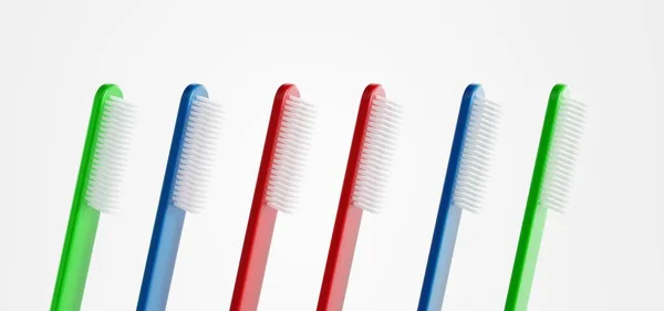 Escova Dentes Cores Diferentes Vista Ângulo Escova Dentes Plástico Mockup — Fotografia de Stock