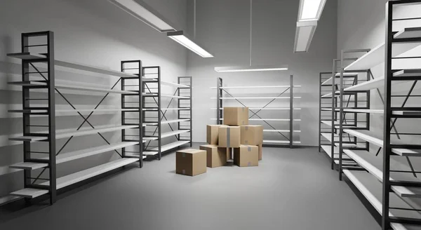 Boş metal rafları ve yığınla mühürlü karton kutuları olan bir depo. Duvarları ve lambaları olan sanayi deposunun içi, fabrika veya mağazadaki buzdolabı odası, 3D