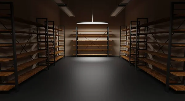 Warehouse with empty racks night. Realistic interior of dark industrial storage room with wooden shelves on metal base, walls, polymer floor and lamps. Storehouse in store, garage or market, 3d render — Stock Photo, Image