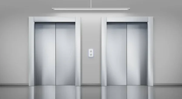 Metal elevators with closed cabin doors in hallway. Interior empty office lobby, hotel hall or corridor in house with passenger lifts and panel with chrome buttons. Realistic illustration, 3d render