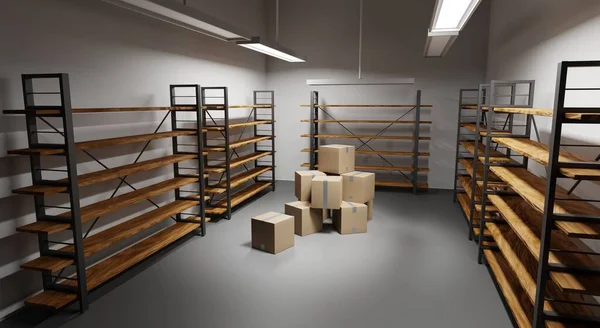 Warehouse with pile stacked cardboard boxes and empty racks. Storage room interior with goods, cargo or parcels and wooden shelves on metal base. Storehouse in store, garage or market, 3d render