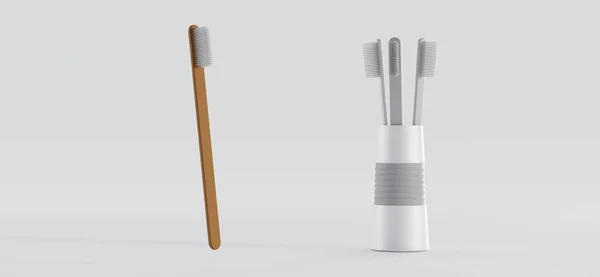 Escova de dentes de madeira ou bambu e escovas de dentes de plástico cinza em vidro. Cuidados dentários e higiene oral, escova de dentes mockup realista em copo de cerâmica isolada em fundo branco, ilustração 3d — Fotografia de Stock