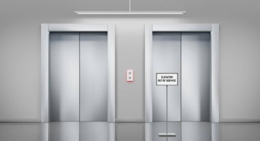 Kapalı kapılı ve bilgi katlı servis dışı asansör arıza bildiriyor. Ofiste ya da ev koridorunda bakım servisi bozuk asansörü imzalıyor. Gerçekçi 3D görüntü lobi içi boş