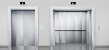 Yolcu ve kargo asansörleri kapalı ve açık gümüş kapılar koridorda. Asansörlü gerçekçi bir iç mekan, düğmeli metal panel ve evdeki, ofisteki ya da depodaki duvarda 3 boyutlu görüntüleme