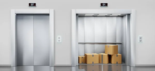 Cargo elevator with cardboard boxes in open cabin and service lift with closed doors in hallway. Building hall interior with silver metal gates, indoor transportation in office or warehouse, 3d render